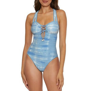 Becca Women Washed Away Bandeau Lace Up One Piece Swimsuit Ice Blue Size M